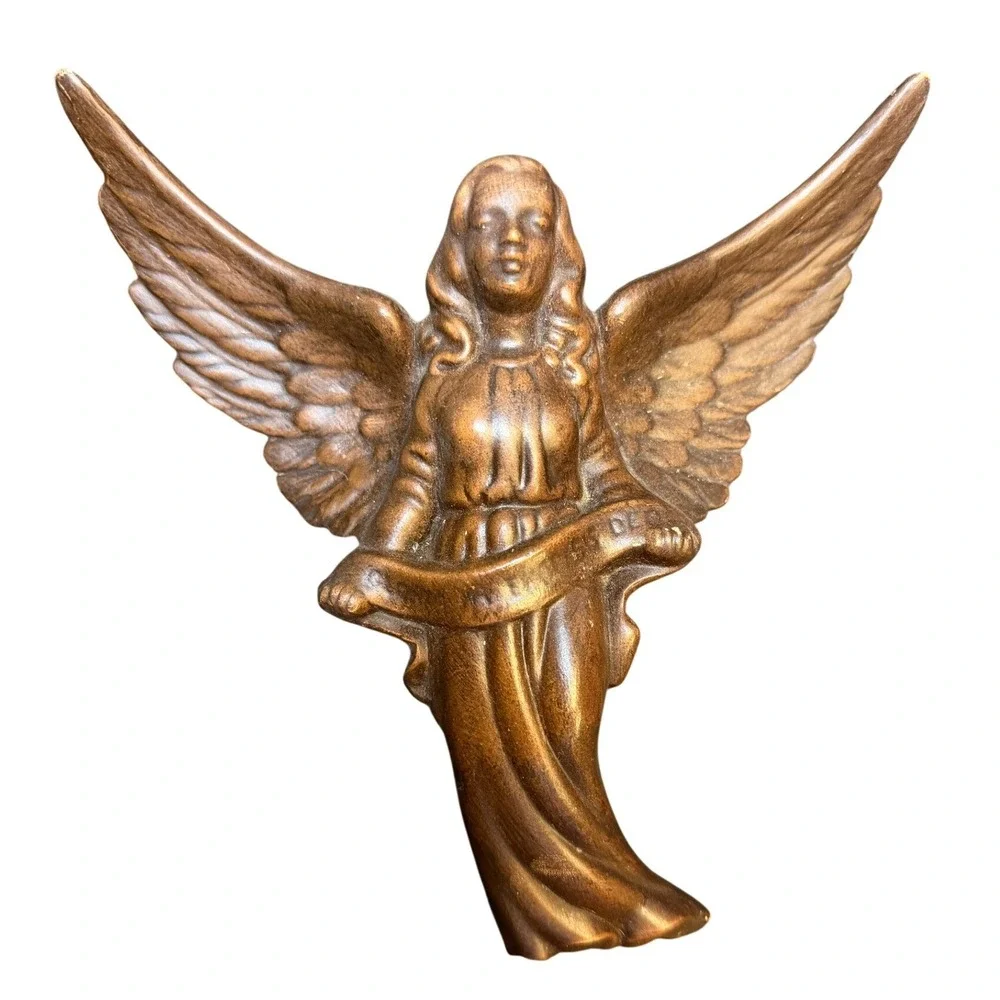 Vintage Bronze Tone Ceramic Angel Wall Hanging Figurine Religious Decor 7.5 Inch